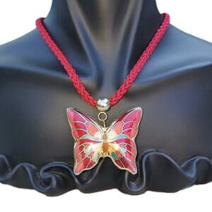 Vintage Large Vibrant Premium Cloisonne Butterfly Pendant Rope Necklace